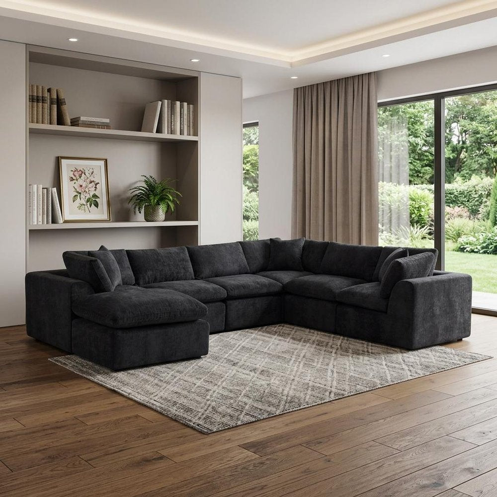 138" Black Chenille Modular Sofa Chaise With Ottoman And Toss Pillows