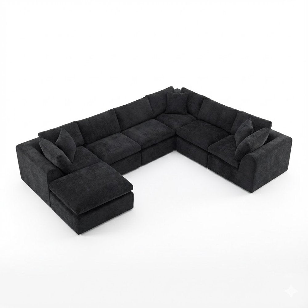 138" Black Chenille Modular Sofa Chaise With Ottoman And Toss Pillows