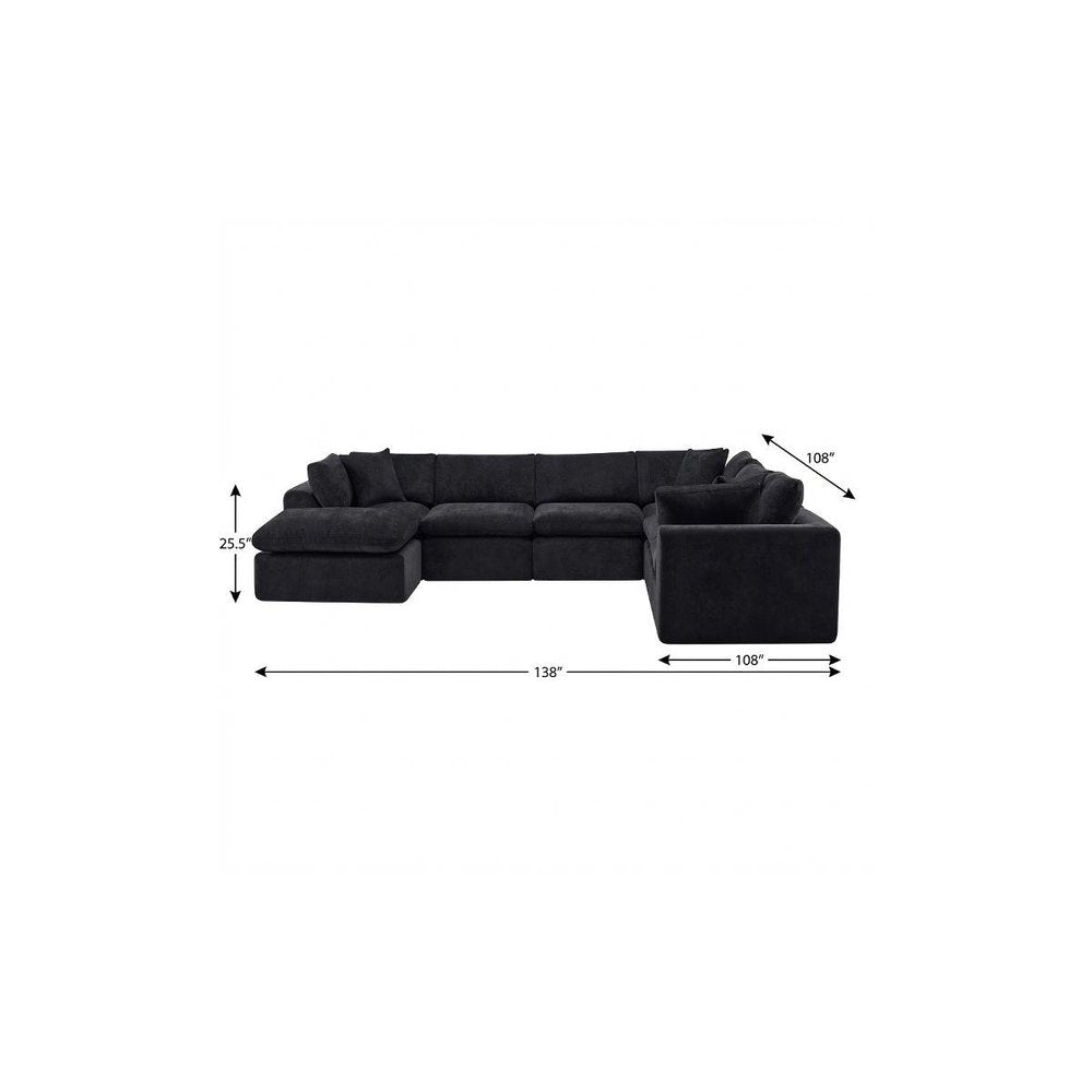 138" Black Chenille Modular Sofa Chaise With Ottoman And Toss Pillows