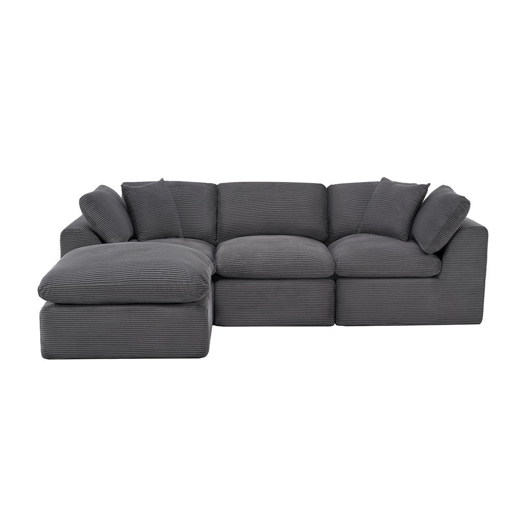 108" Dark Gray Corduroy Modular Sofa With Ottoman And Toss Pillows