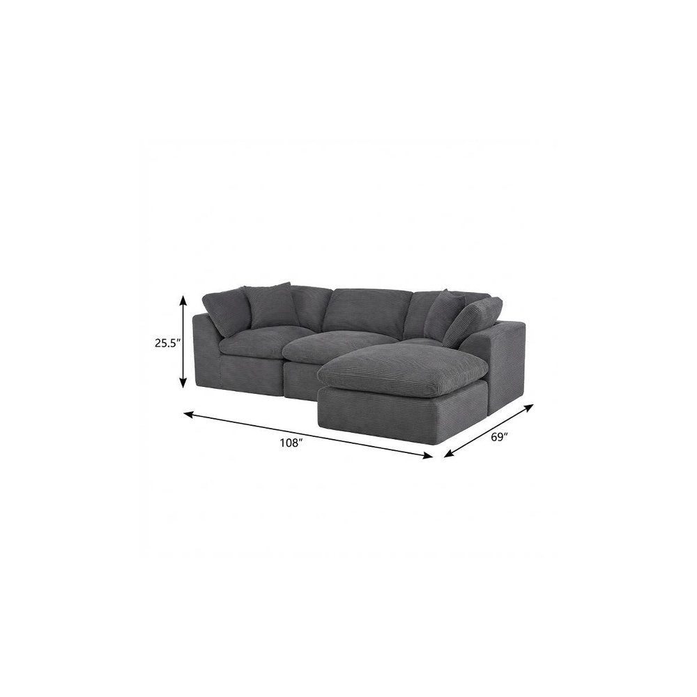 108" Dark Gray Corduroy Modular Sofa With Ottoman And Toss Pillows