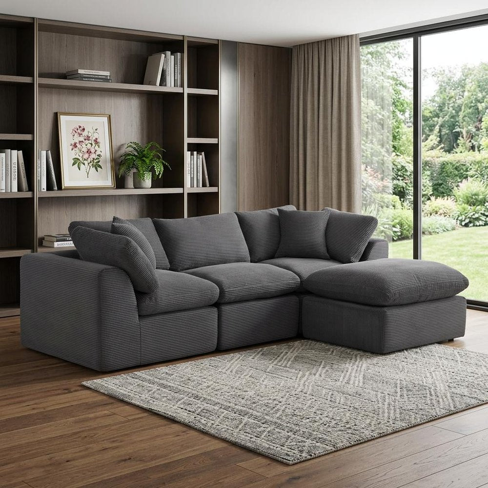 108" Dark Gray Corduroy Modular Sofa With Ottoman And Toss Pillows