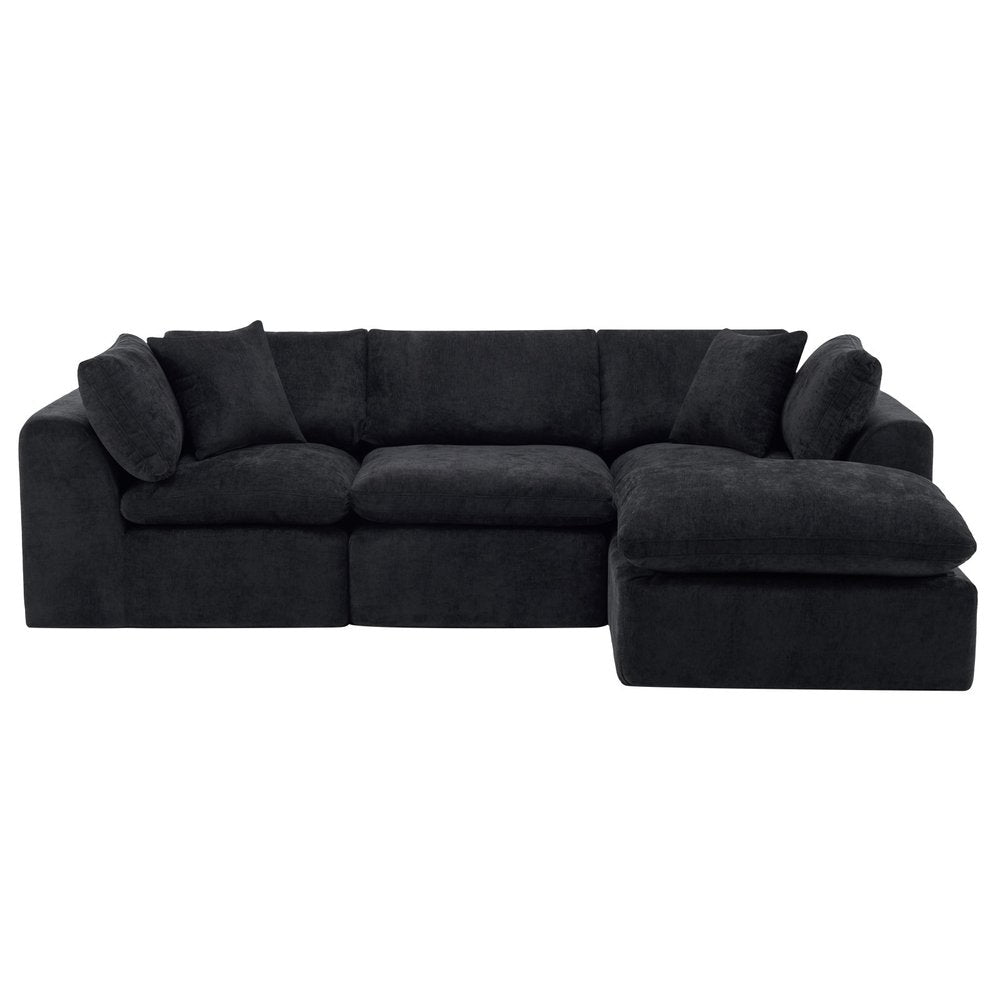108" Black Chenille Modular Sofa With Ottoman And Toss Pillows