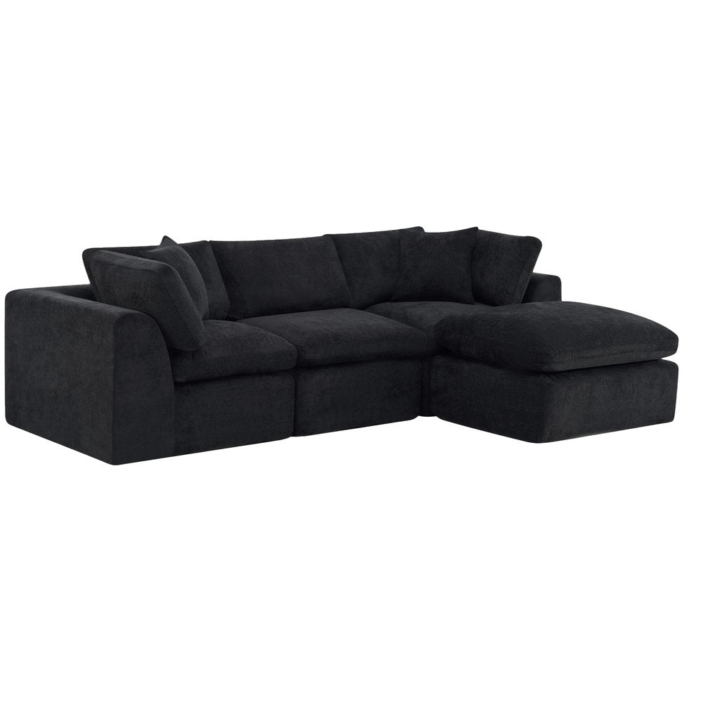 108" Black Chenille Modular Sofa With Ottoman And Toss Pillows