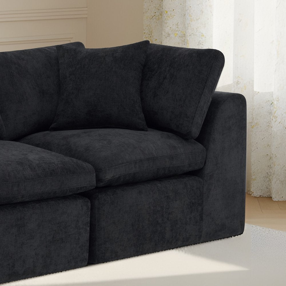 108" Black Chenille Modular Sofa With Ottoman And Toss Pillows
