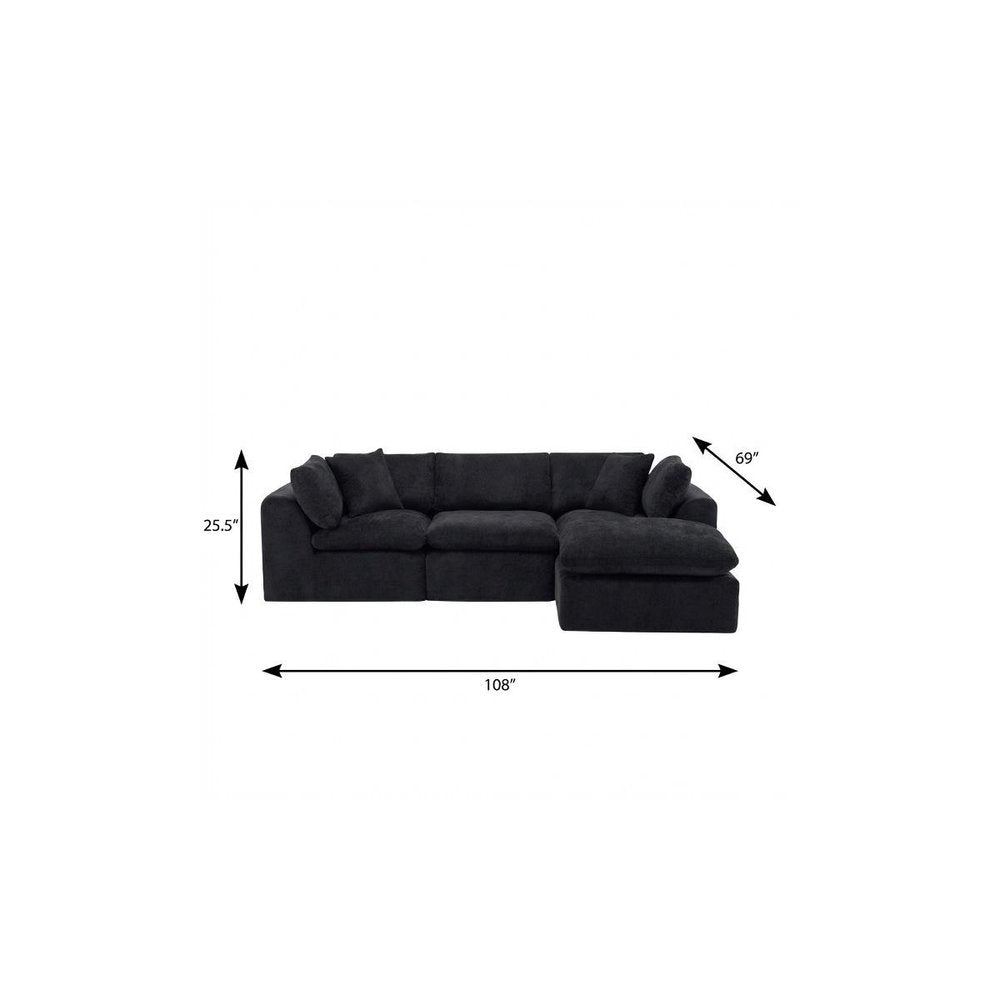 108" Black Chenille Modular Sofa With Ottoman And Toss Pillows