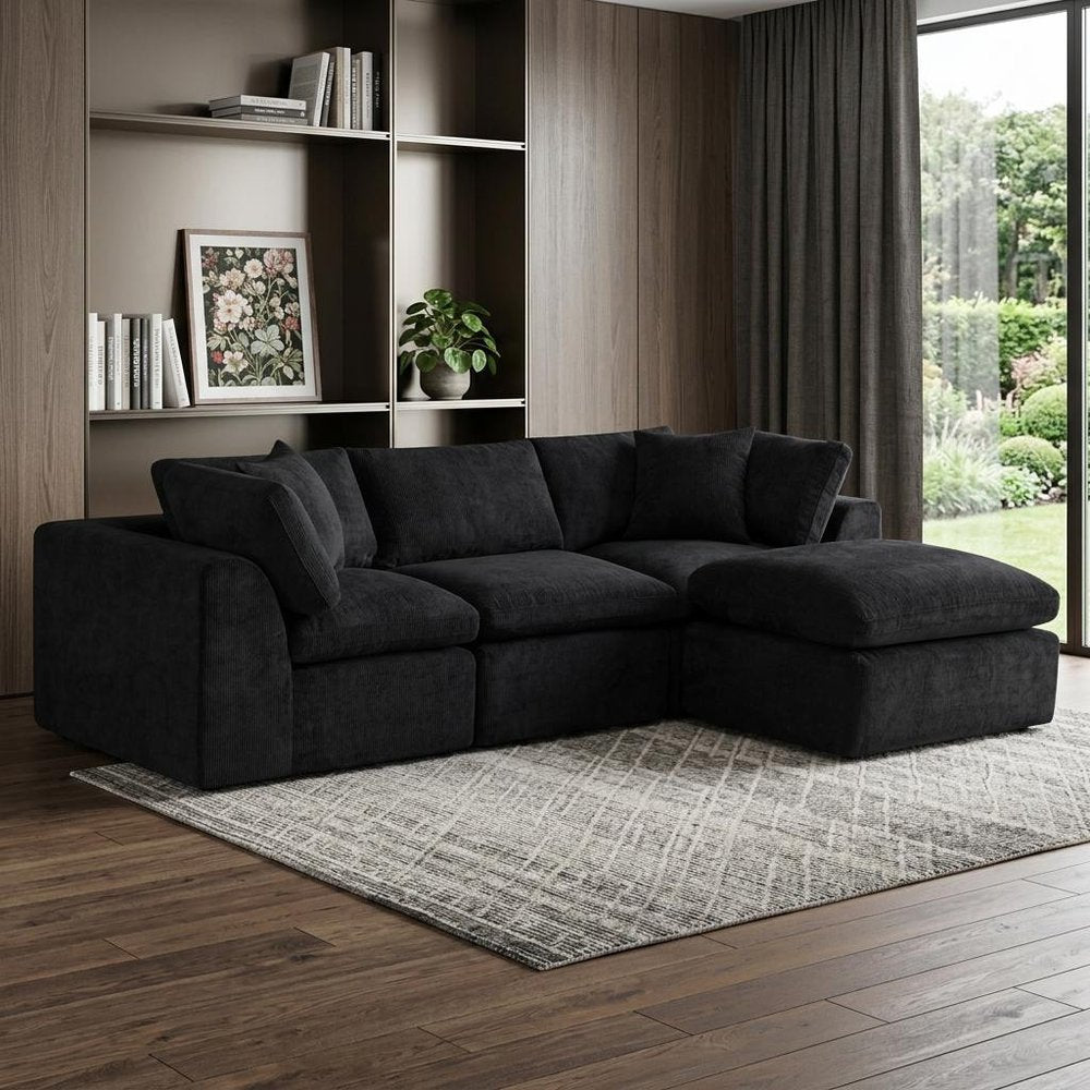 108" Black Chenille Modular Sofa With Ottoman And Toss Pillows