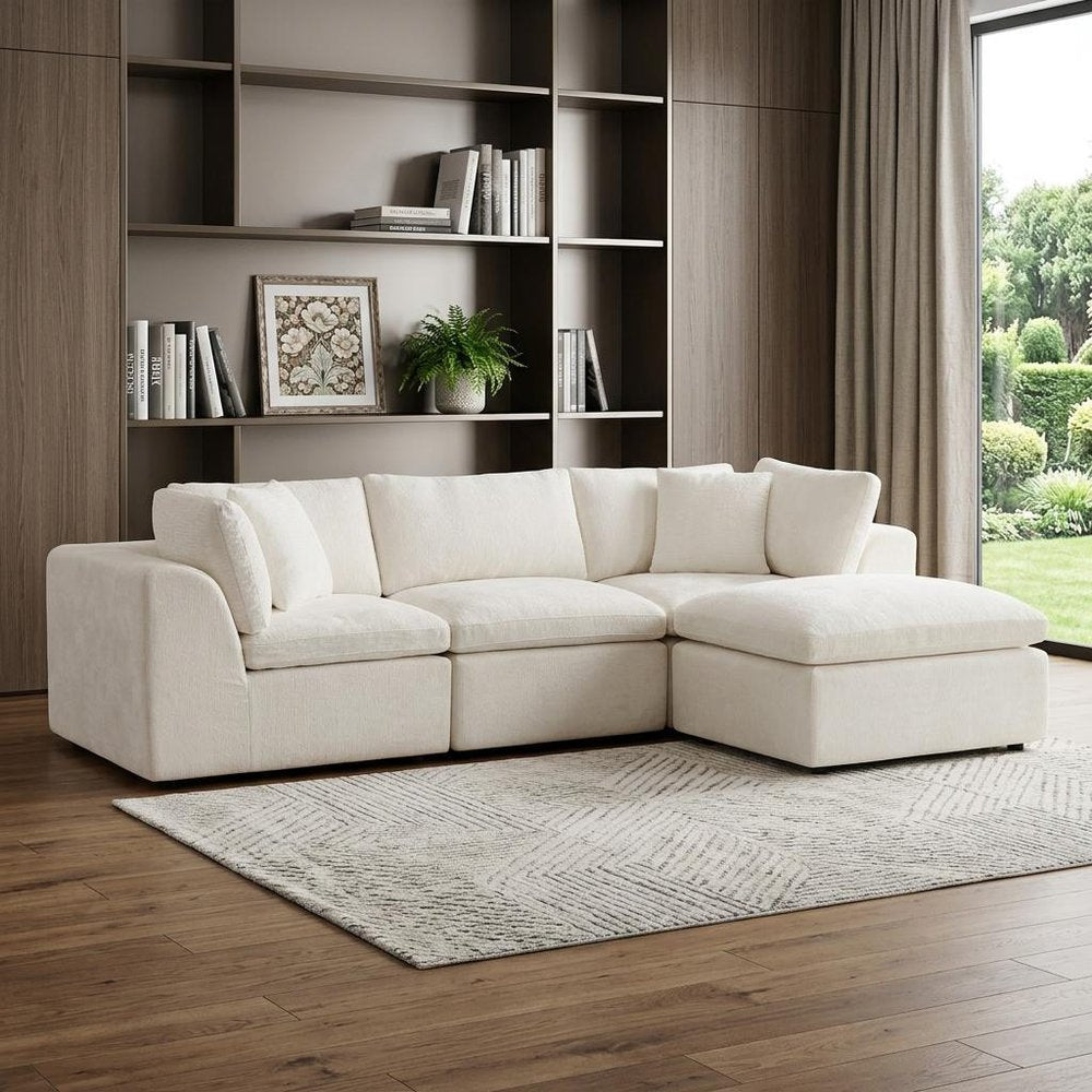 108" Beige Chenille Modular Sofa With Ottoman And Toss Pillows