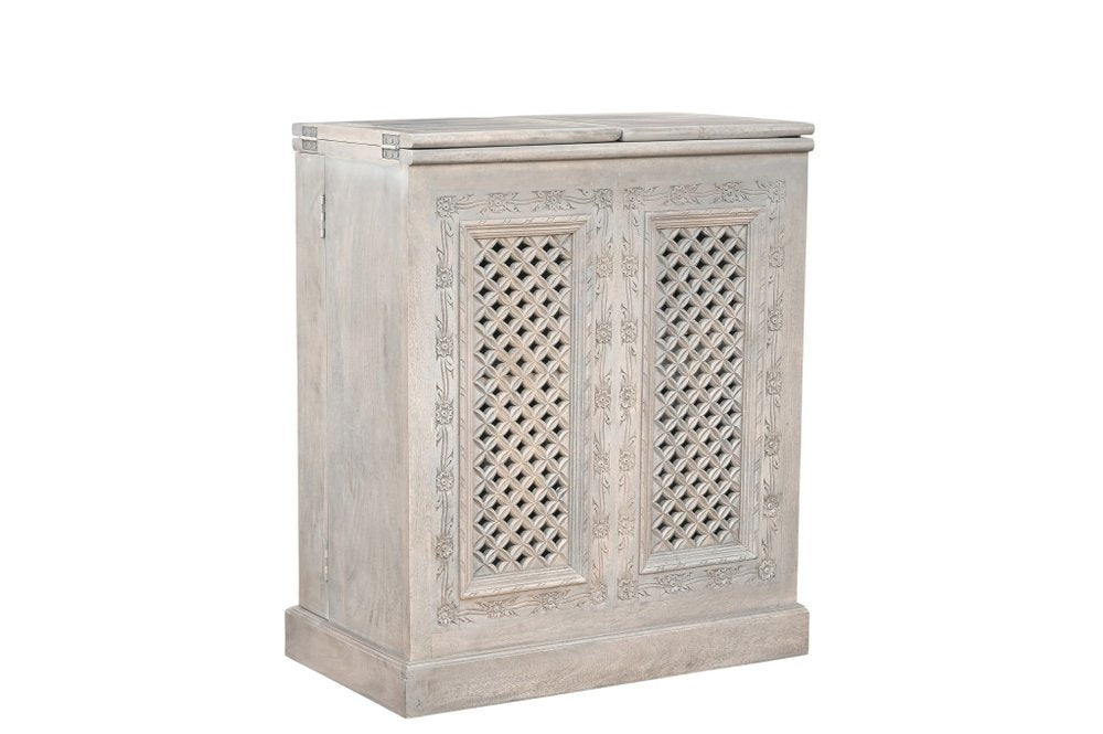 28" White Solid Wood Carved Floral Bar Cabinet With Two Doors And One Drawer