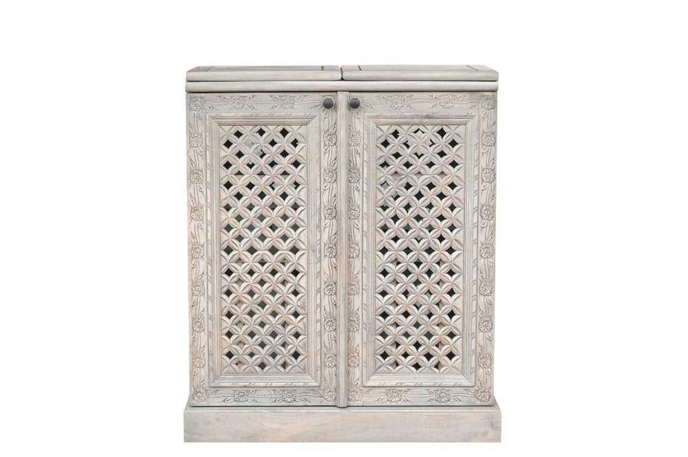 28" White Solid Wood Carved Floral Bar Cabinet With Two Doors And One Drawer