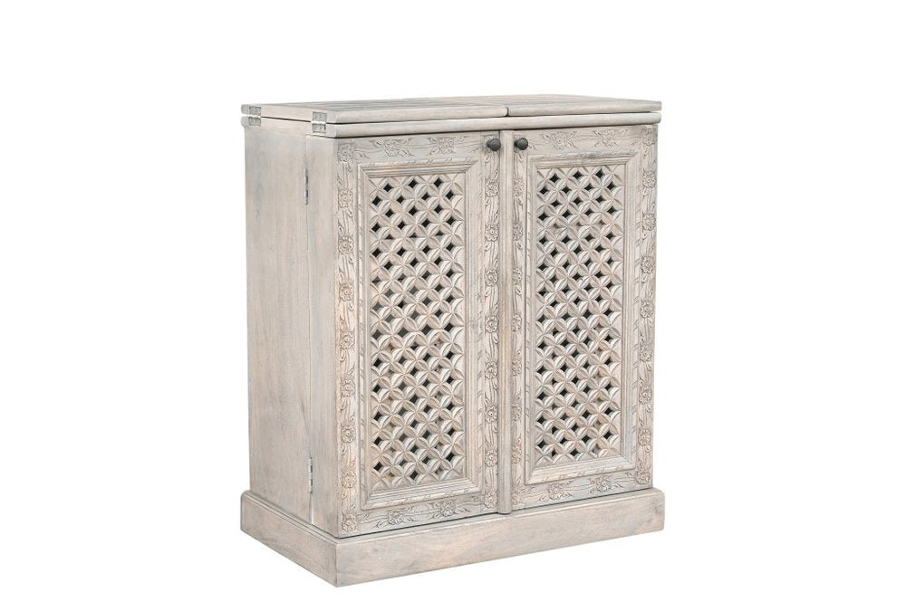 28" White Solid Wood Carved Floral Bar Cabinet With Two Doors And One Drawer
