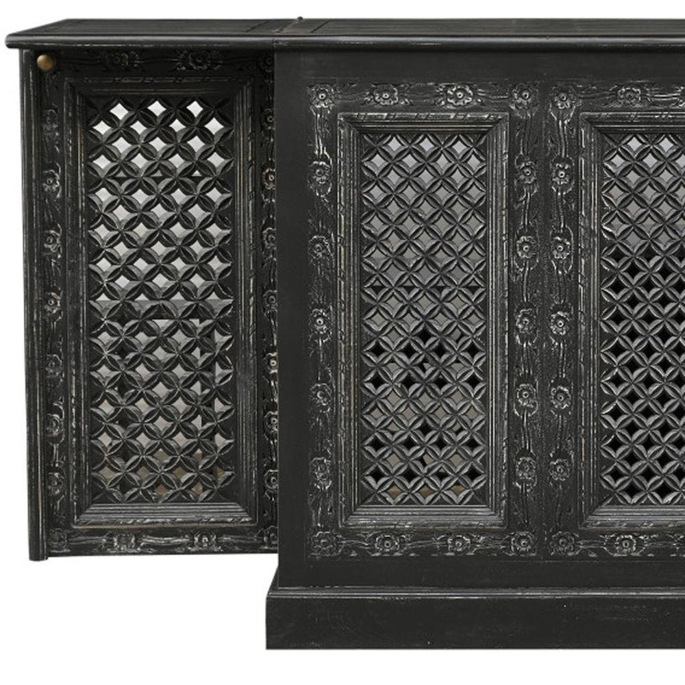 34" Black Solid Wood Carved Floral Bar Cabinet With Two Doors And One Drawer