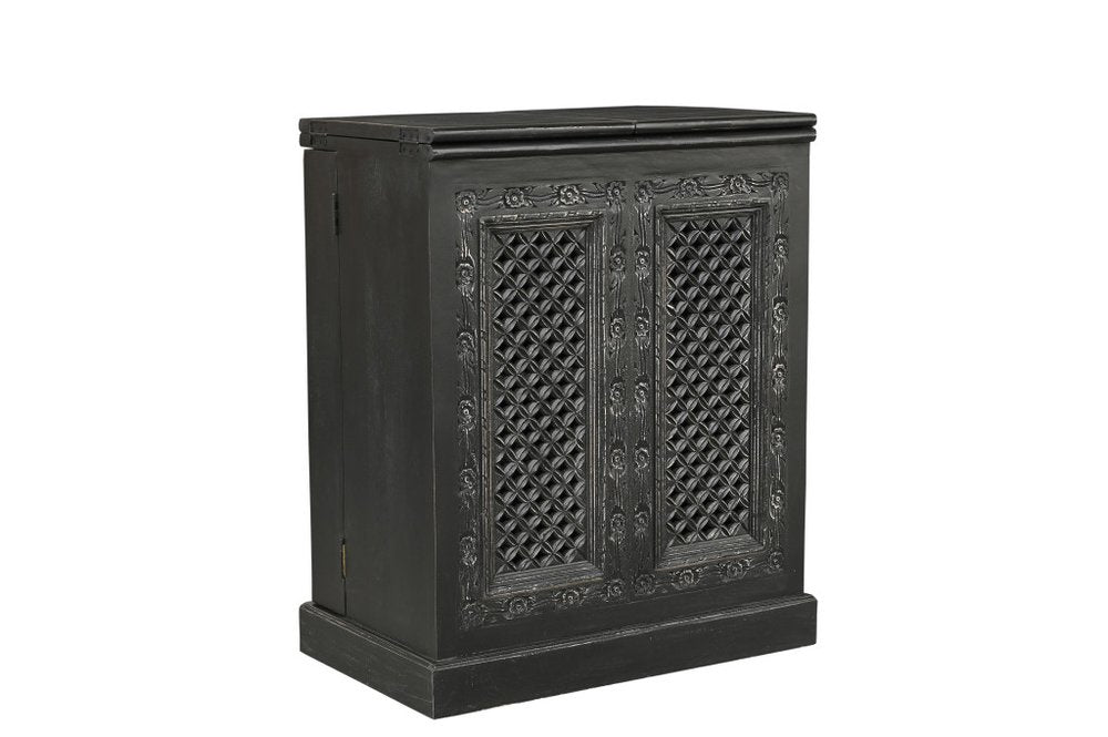 34" Black Solid Wood Carved Floral Bar Cabinet With Two Doors And One Drawer
