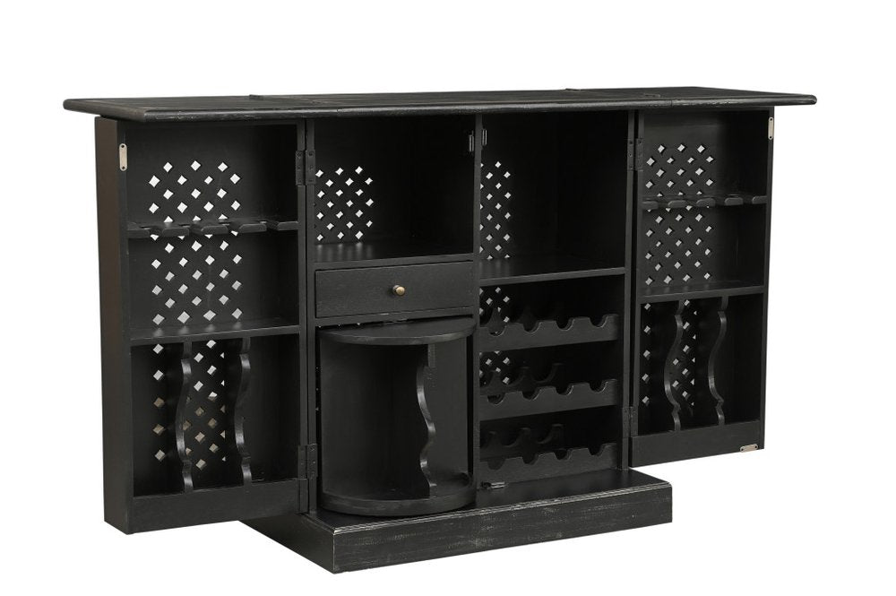 34" Black Solid Wood Carved Floral Bar Cabinet With Two Doors And One Drawer