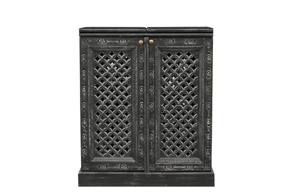 34" Black Solid Wood Carved Floral Bar Cabinet With Two Doors And One Drawer