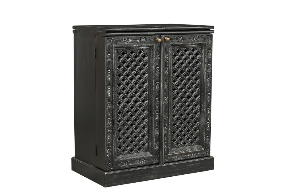 34" Black Solid Wood Carved Floral Bar Cabinet With Two Doors And One Drawer