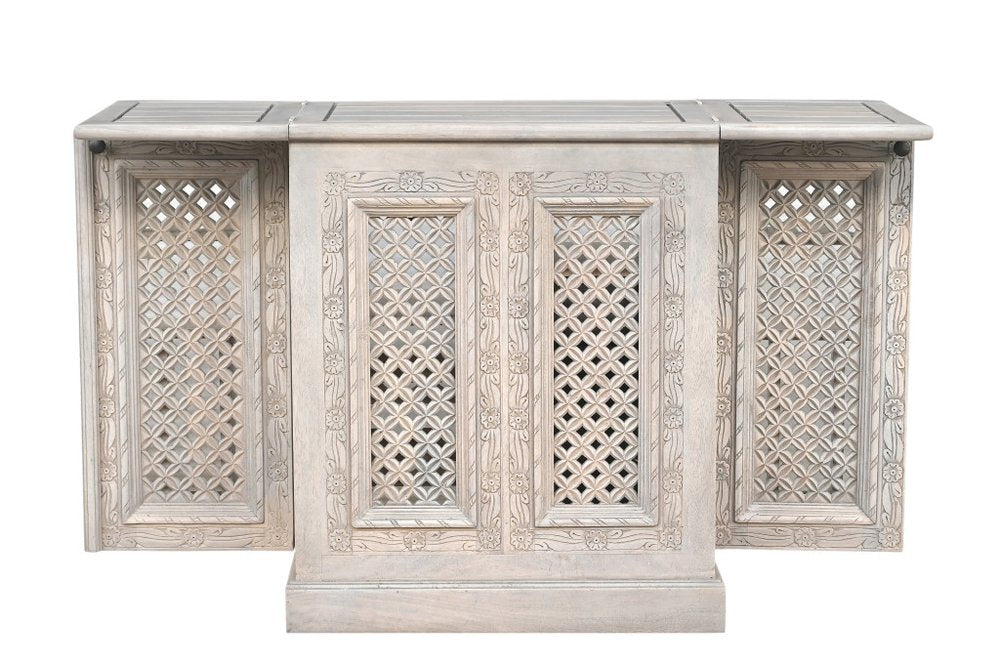 34" White Solid Wood Carved Floral Bar Cabinet With Two Doors And One Drawer