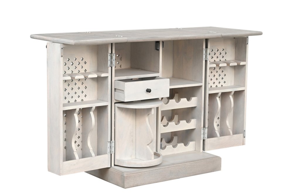 34" White Solid Wood Carved Floral Bar Cabinet With Two Doors And One Drawer