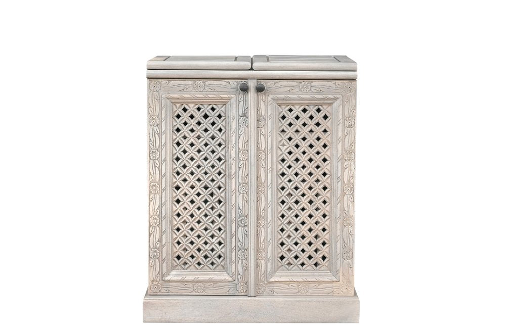 34" White Solid Wood Carved Floral Bar Cabinet With Two Doors And One Drawer