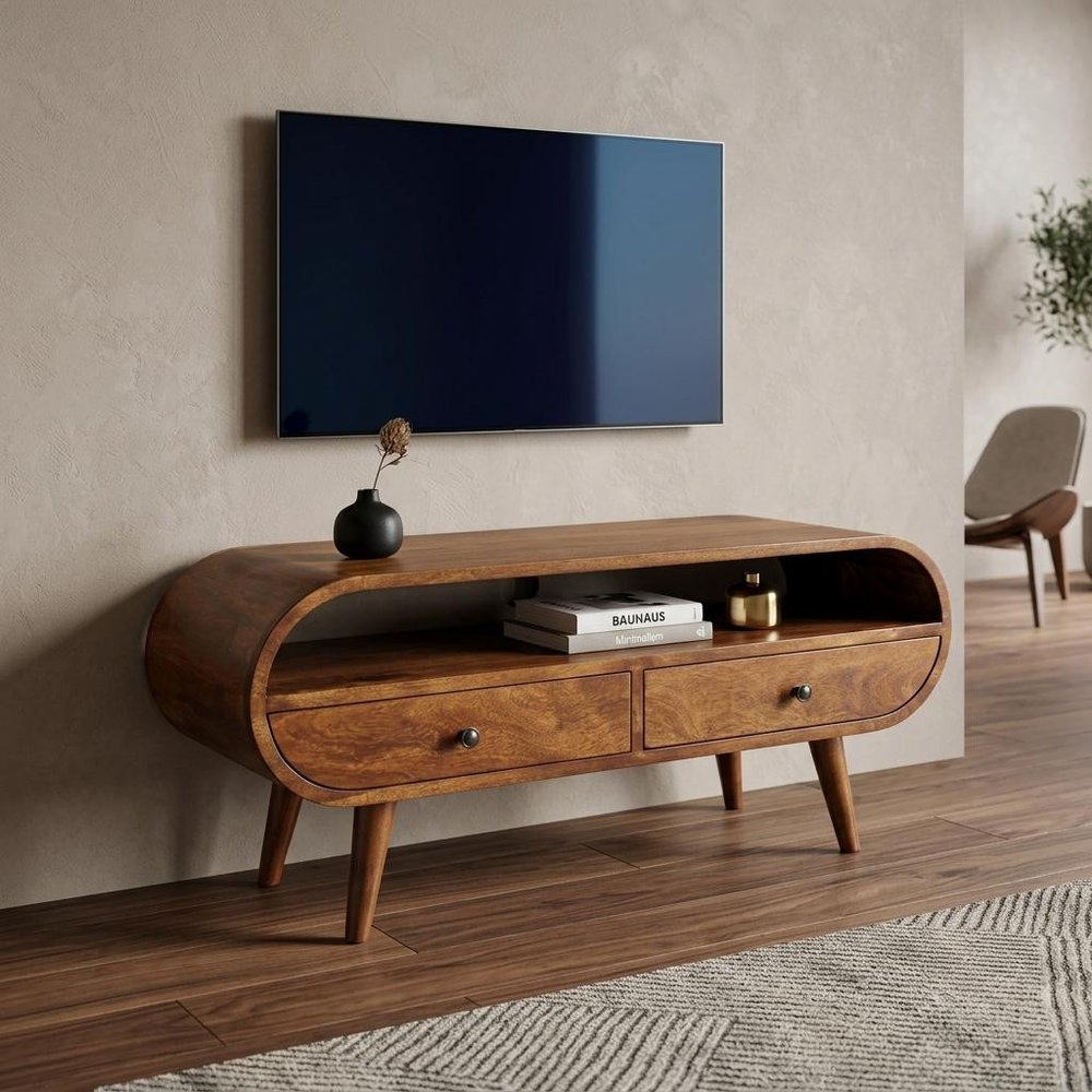 35" Brown Solid Wood Enclosed and Open Storage TV Stand