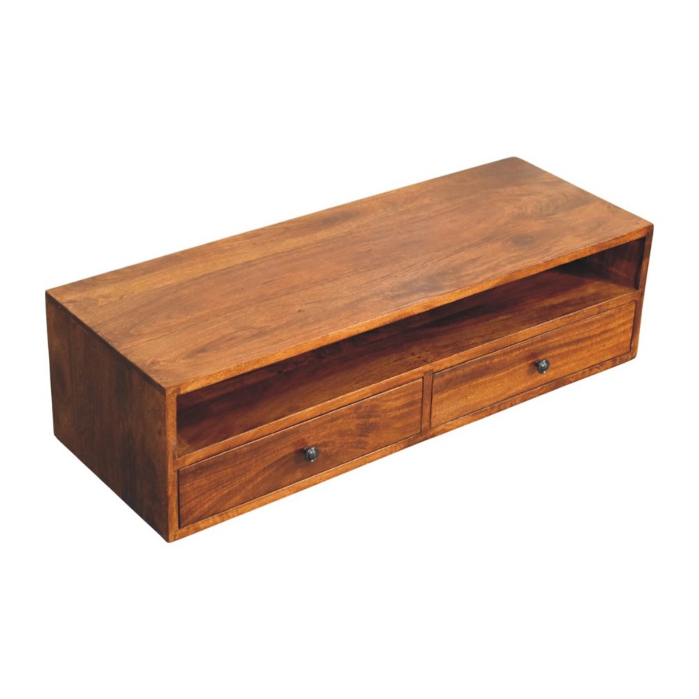 35" Brown Solid Wood Floating Mount TV Stand