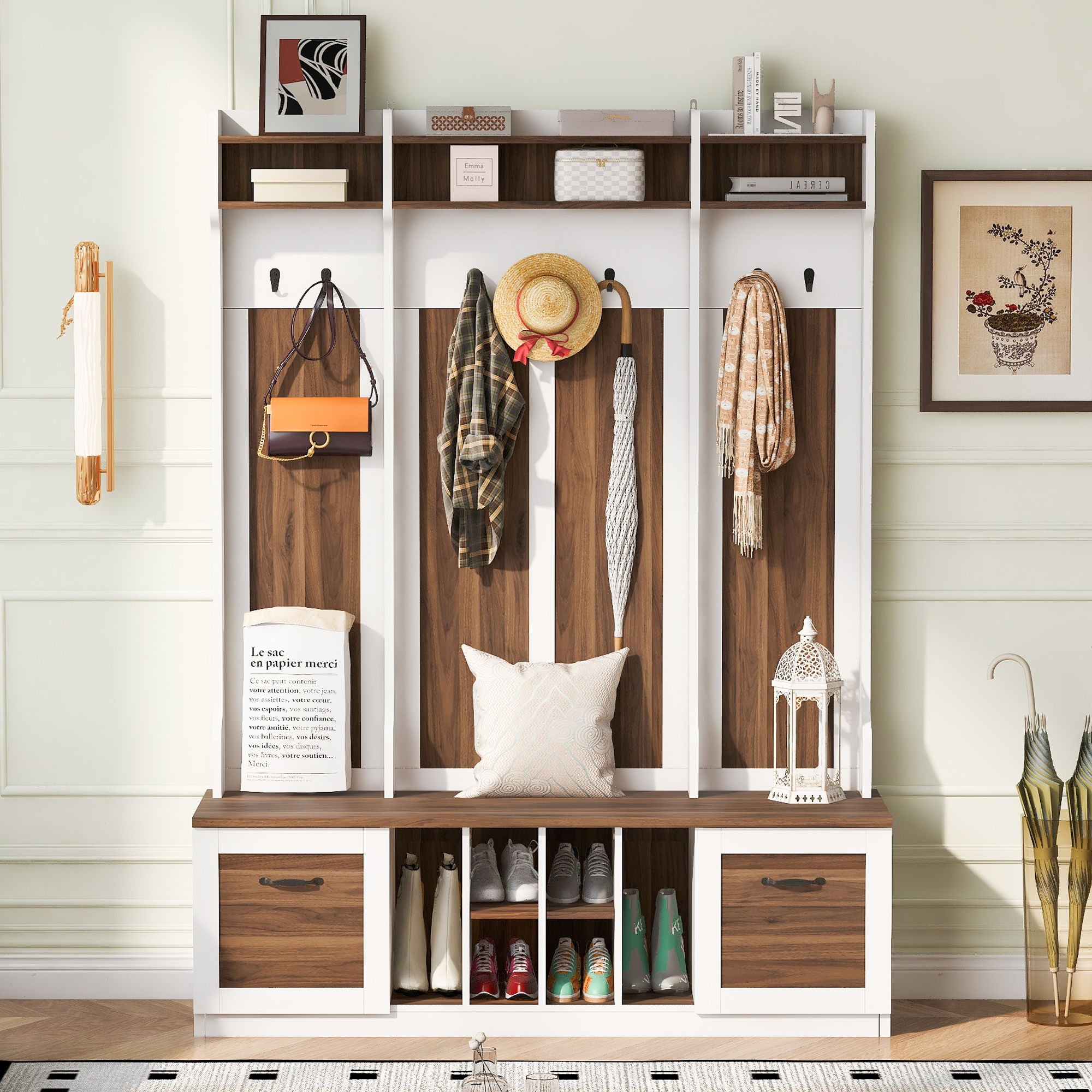 5 In 1 Entryway Bench With Coat Rack, 7 Sturdy Hooks, 2 Spacious Drawers And Adjustable Shelves