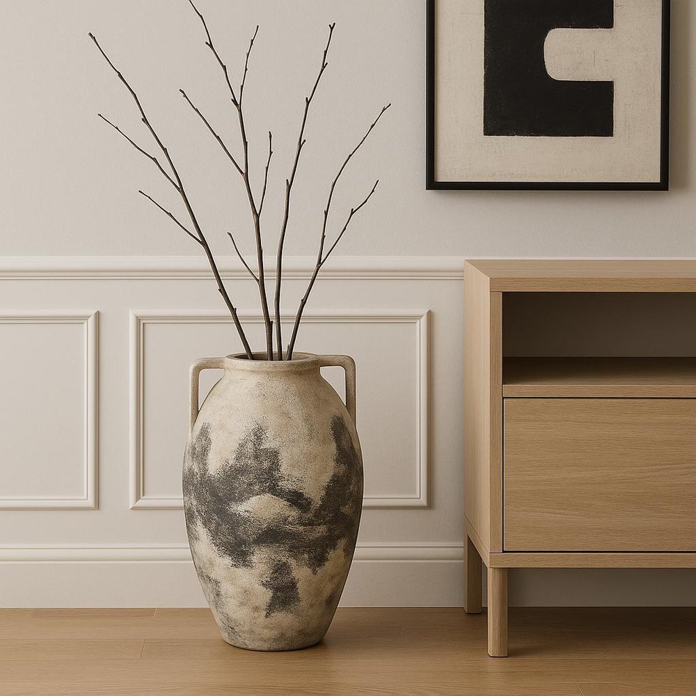 22" Black And White Ombre Ceramic Amphora Floor Vase