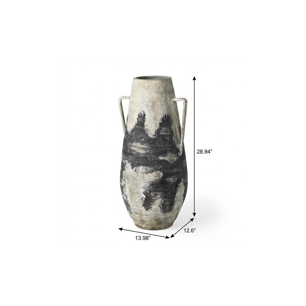 29" Black And White Ombre Ceramic Amphora Floor Vase
