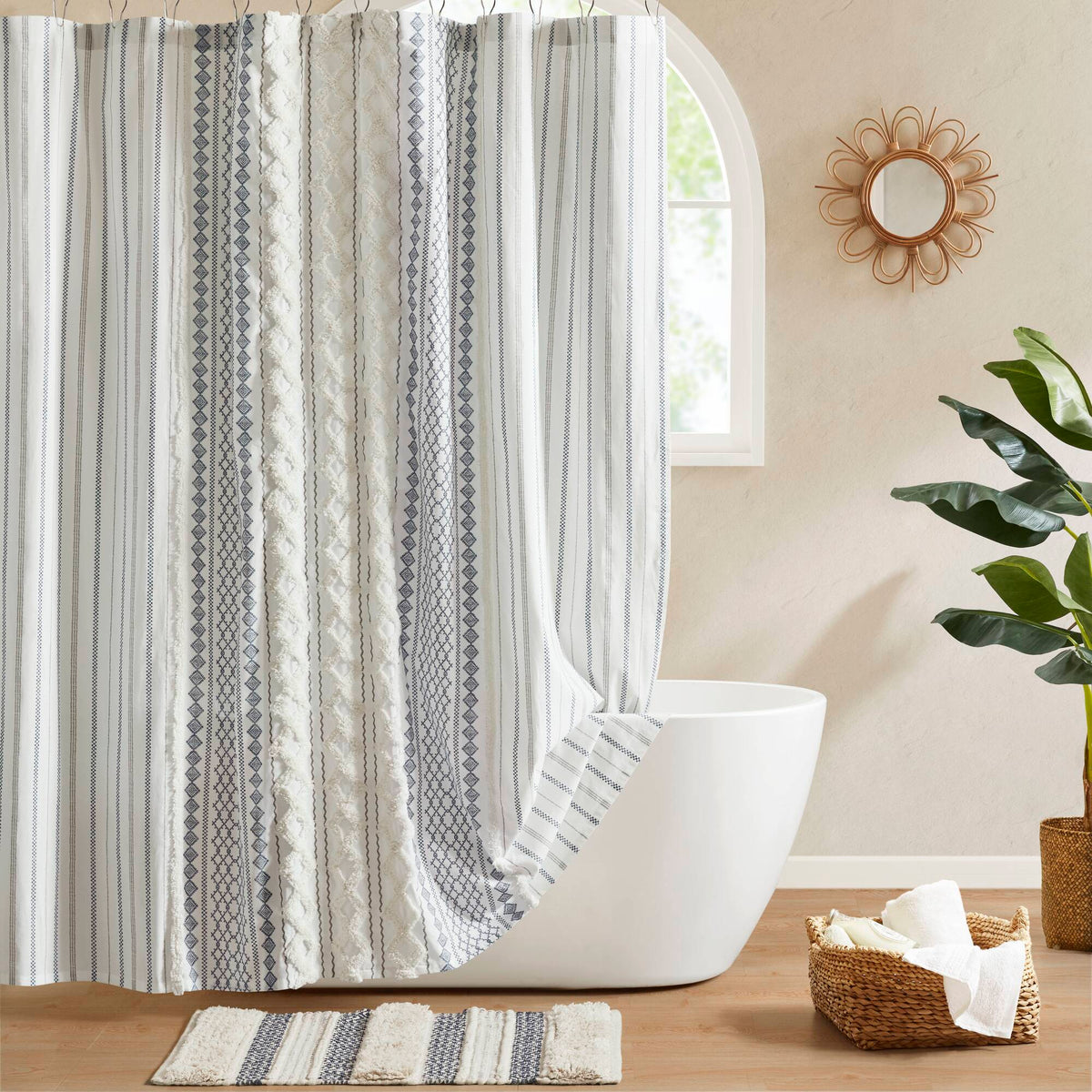 Imani - Printed Shower Curtain With Chenille - White/Navy