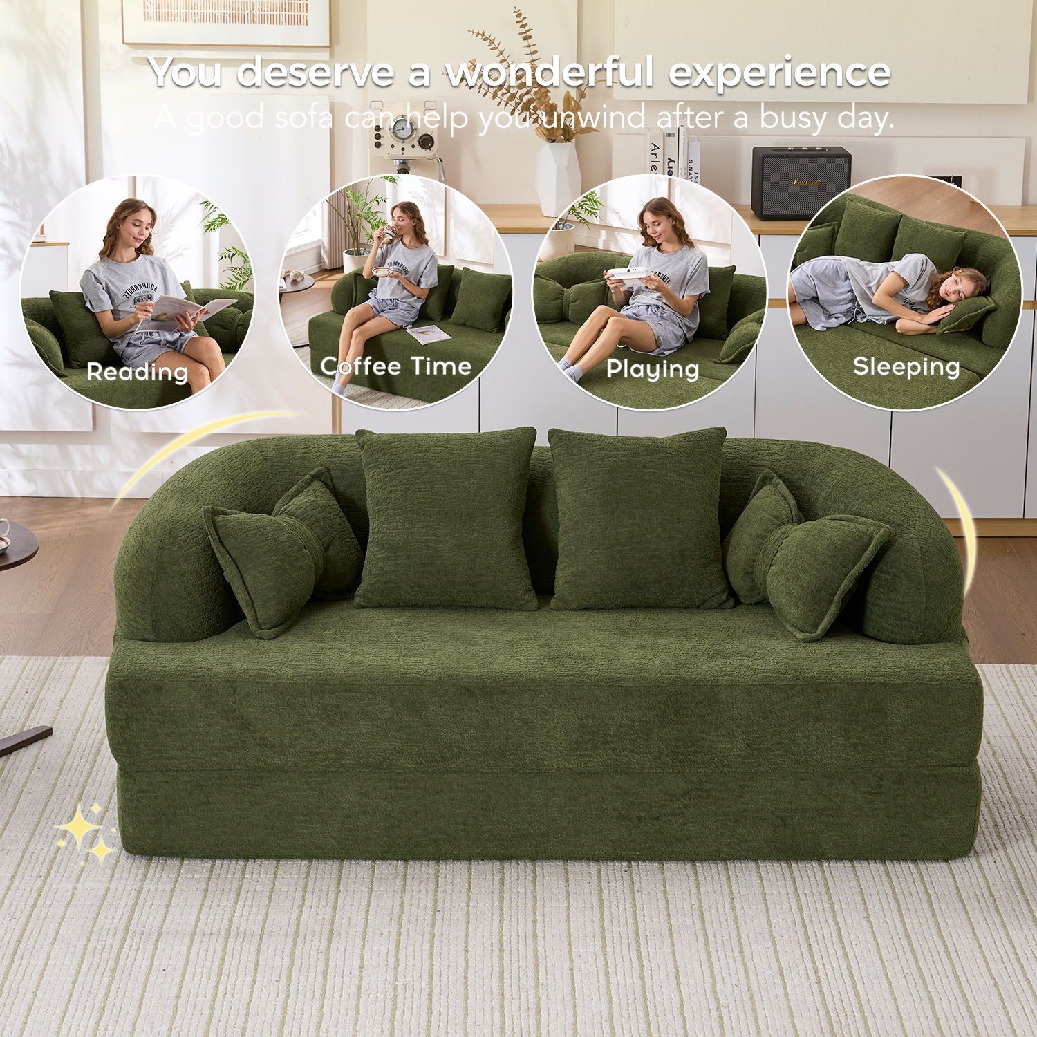 Foldable Sofa Bed, Boneless Couch Convertible Sleeper With 4 Pillows