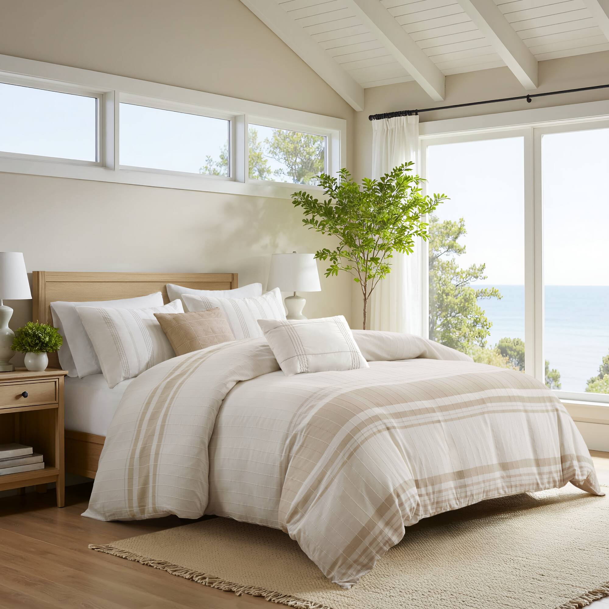 Morgan - 5 Piece King Cotton Jaquard Duvet Set - Ivory / Taupe