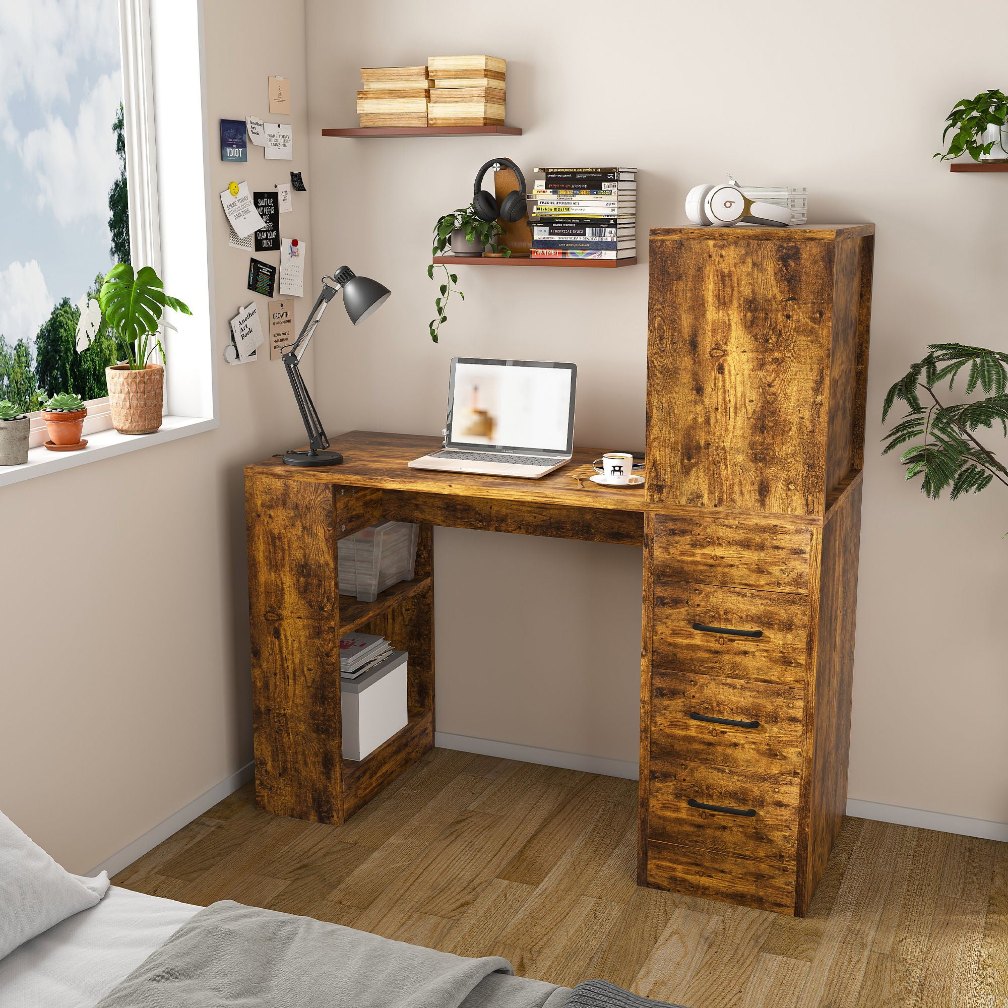 Computer Desk With 4 In 1 Socket & 3 Drawers, 4 Tier Shelves