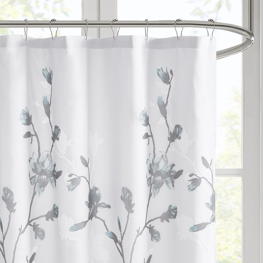 Magnolia - Floral Printed Burnout Shower Curtain - Aqua