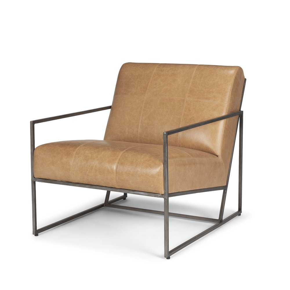 Set of Seven 37" Brown and Gray Leather and Metal Arm Chair