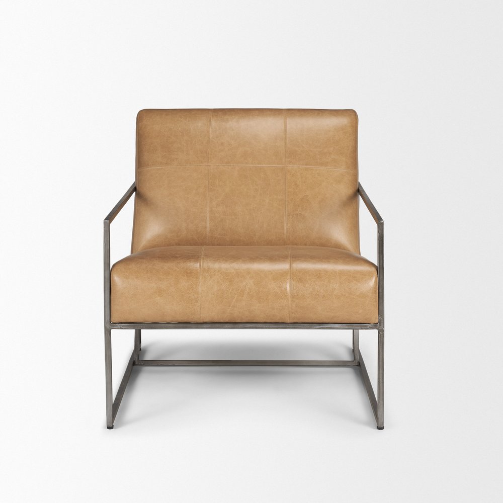 Set of Seven 37" Brown and Gray Leather and Metal Arm Chair