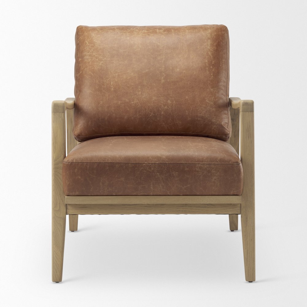 Set of Two 34" Brown Leather and Solid Wood Arm Chair