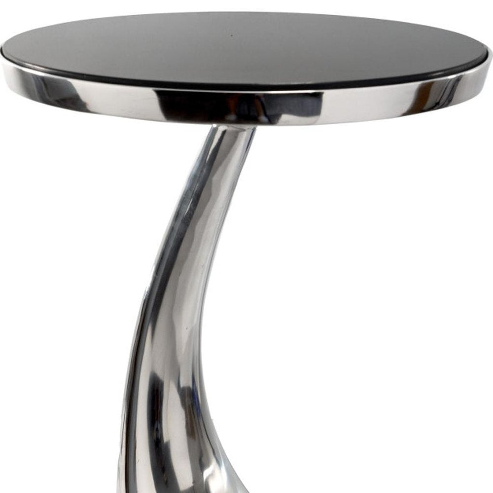 21" Silver And Black Aluminum And Granite Round Abstract End Table