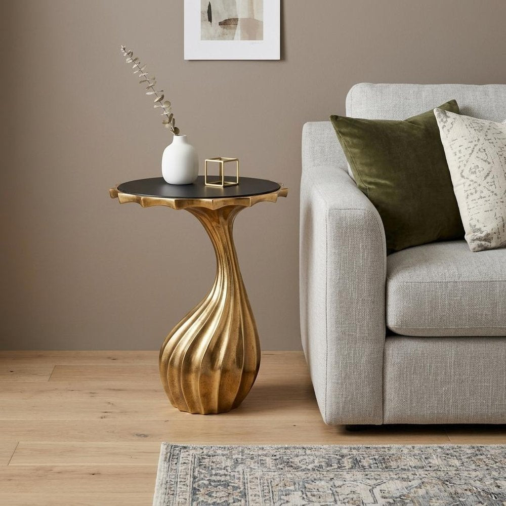 25" Gold And Black Aluminum And Granite Round Abstract End Table