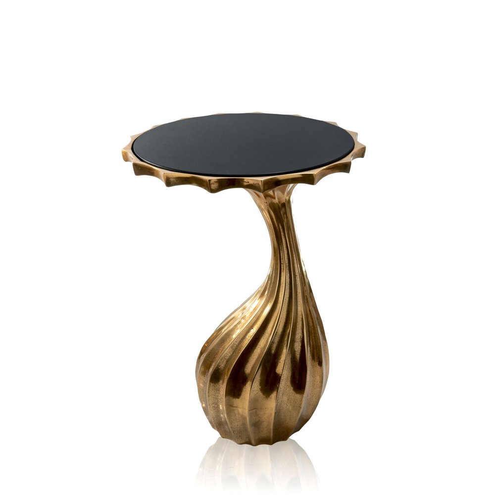 25" Gold And Black Aluminum And Granite Round Abstract End Table