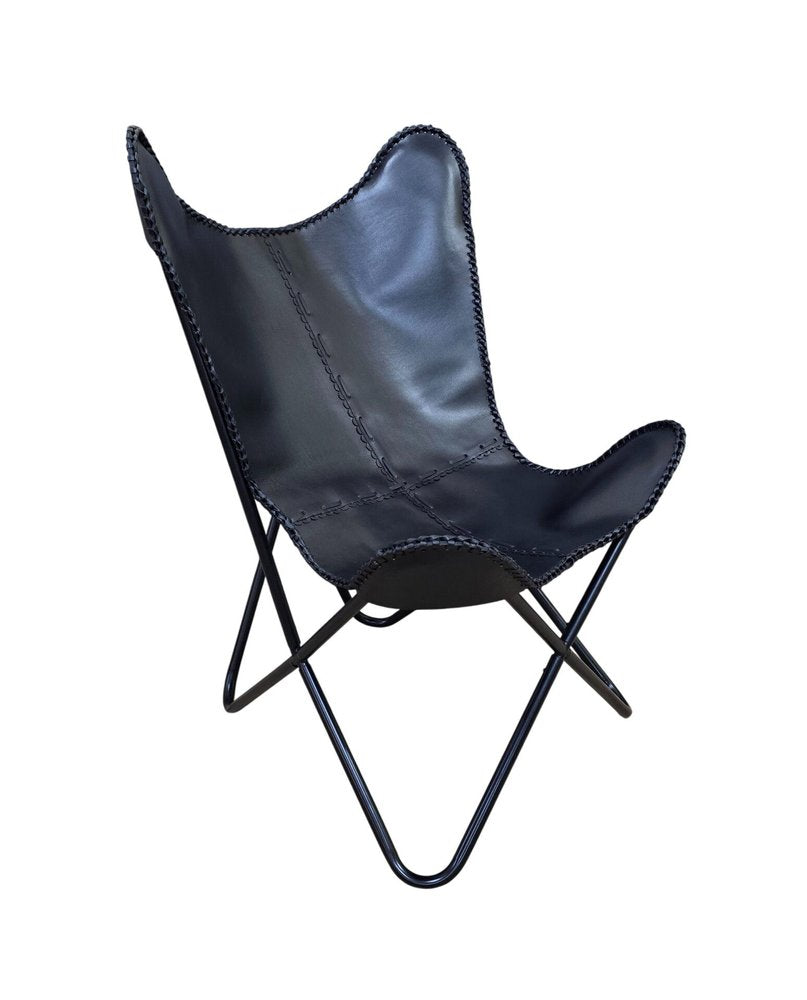 10" Black Genuine Leather and Iron Butterfly Chair