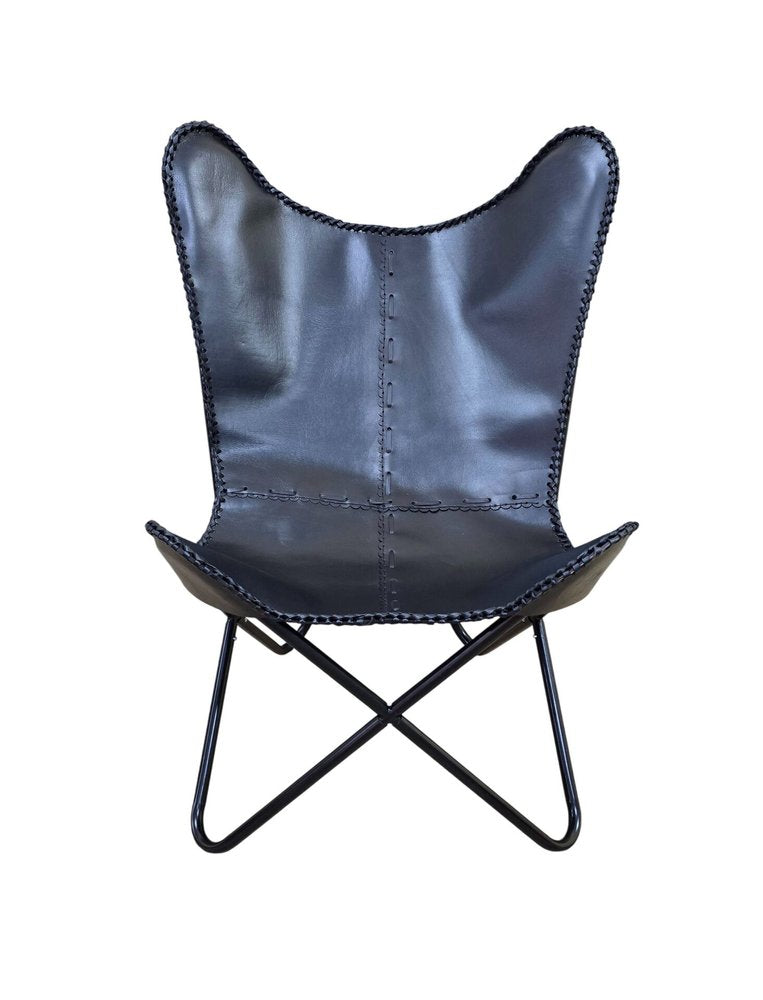 10" Black Genuine Leather and Iron Butterfly Chair