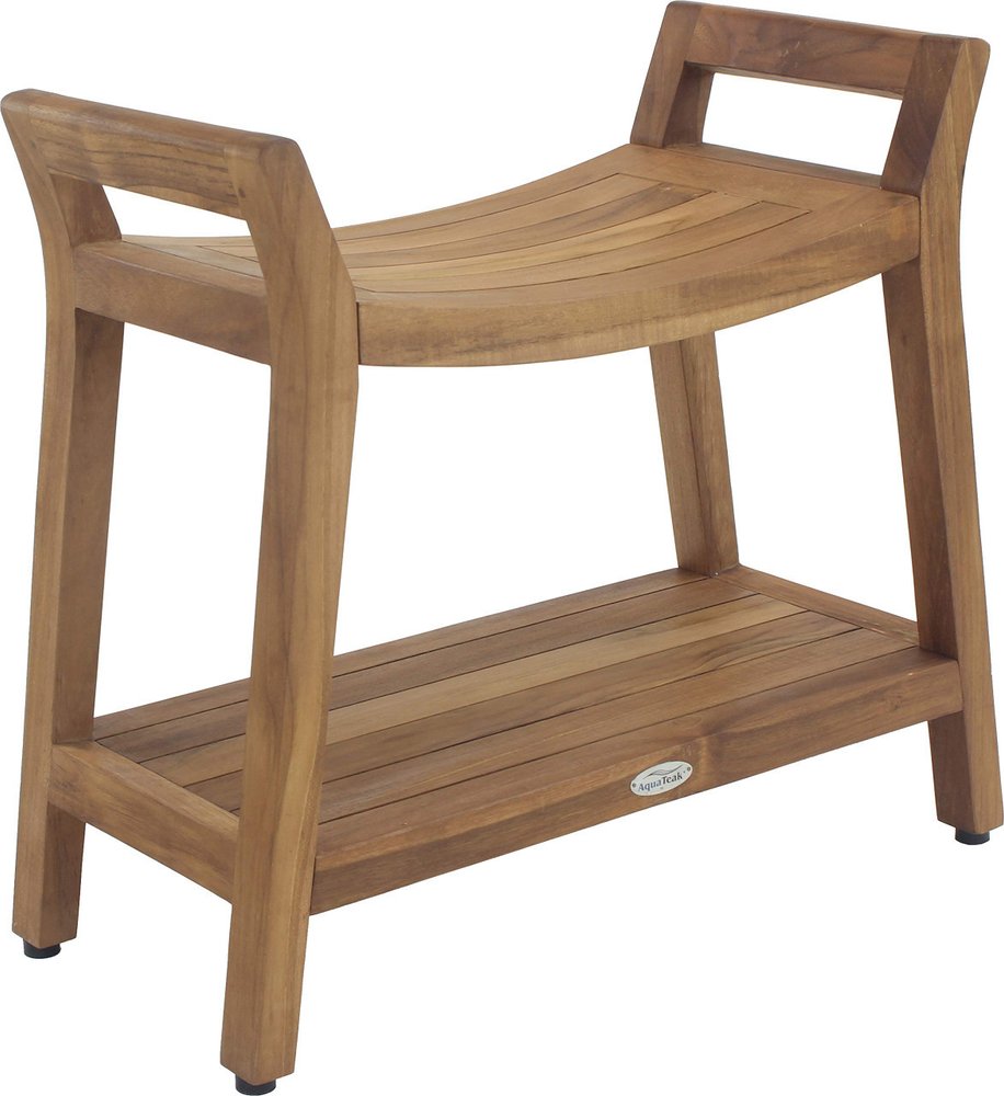 24" X 26" Brown Teak Rectangular Shower Bench With Shelf