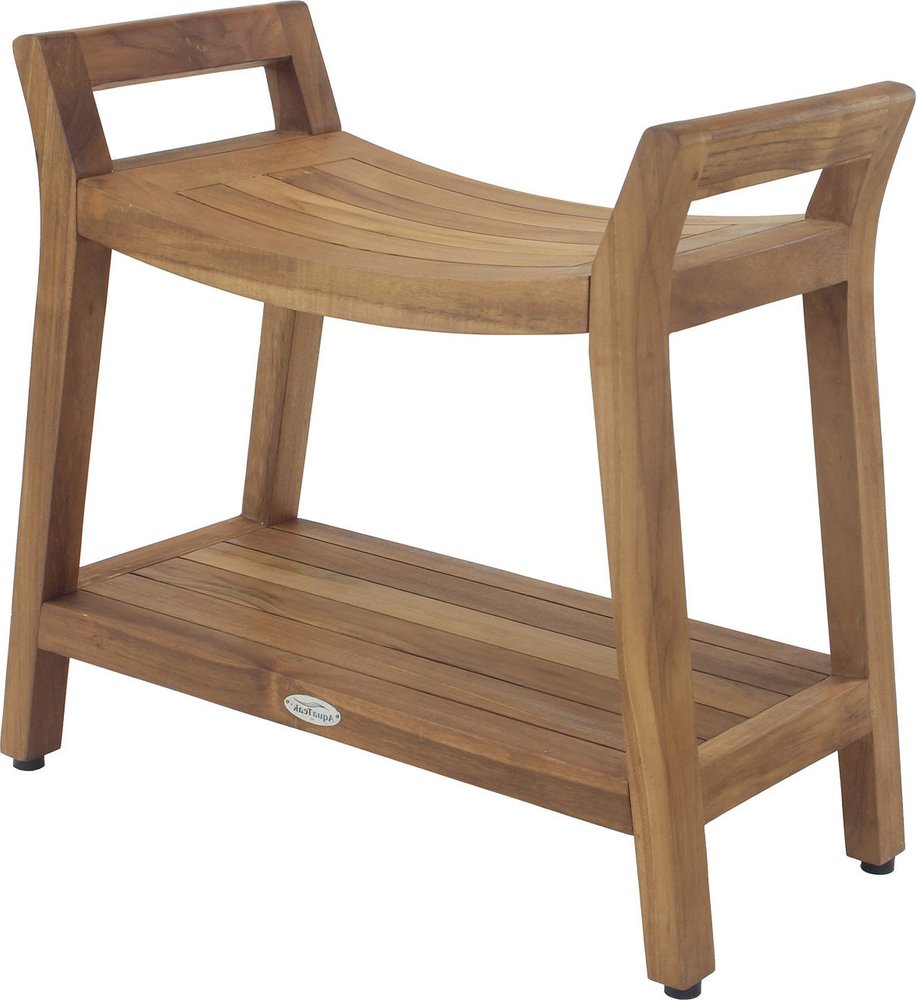 24" X 26" Brown Teak Rectangular Shower Bench With Shelf
