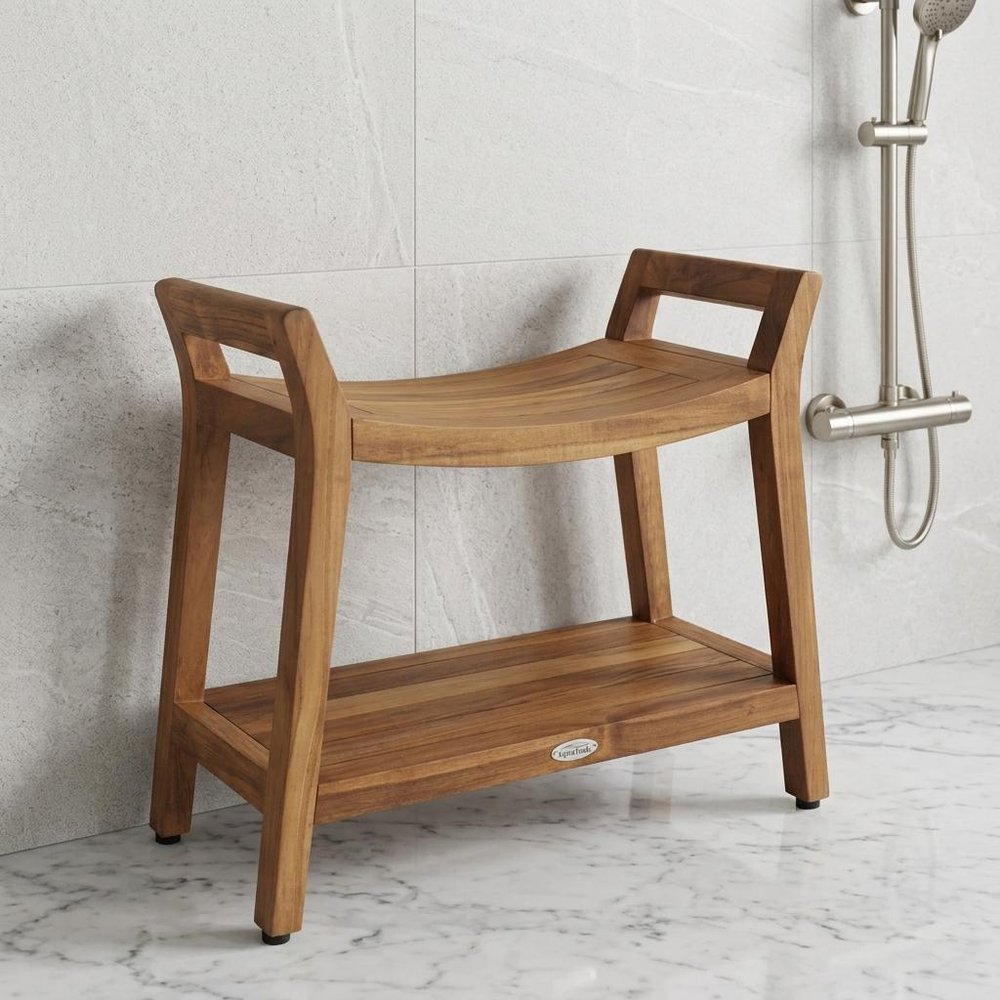 24" X 26" Brown Teak Rectangular Shower Bench With Shelf