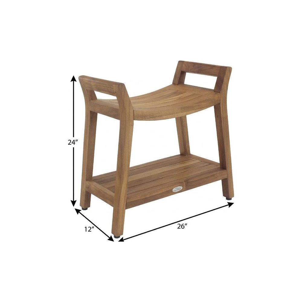 24" X 26" Brown Teak Rectangular Shower Bench With Shelf