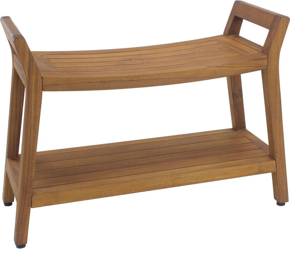 22" X 31" Brown Teak Rectangular Shower Bench With Shelf