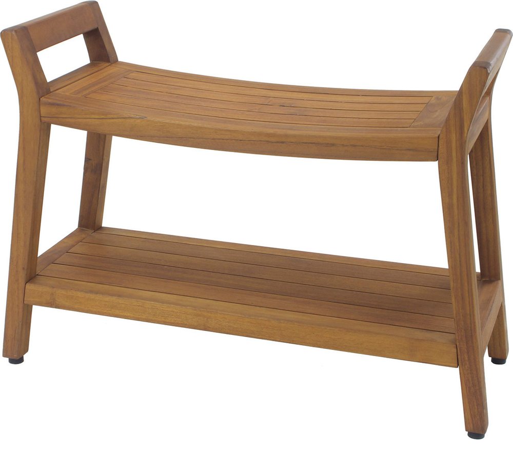 22" X 31" Brown Teak Rectangular Shower Bench With Shelf