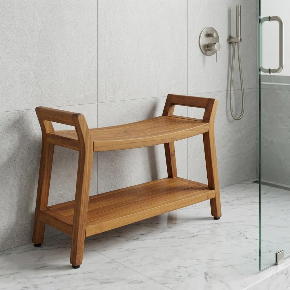 22" X 31" Brown Teak Rectangular Shower Bench With Shelf