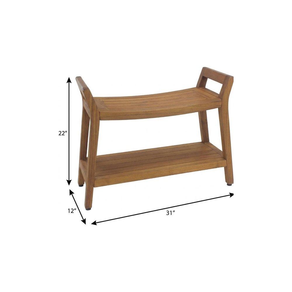 22" X 31" Brown Teak Rectangular Shower Bench With Shelf