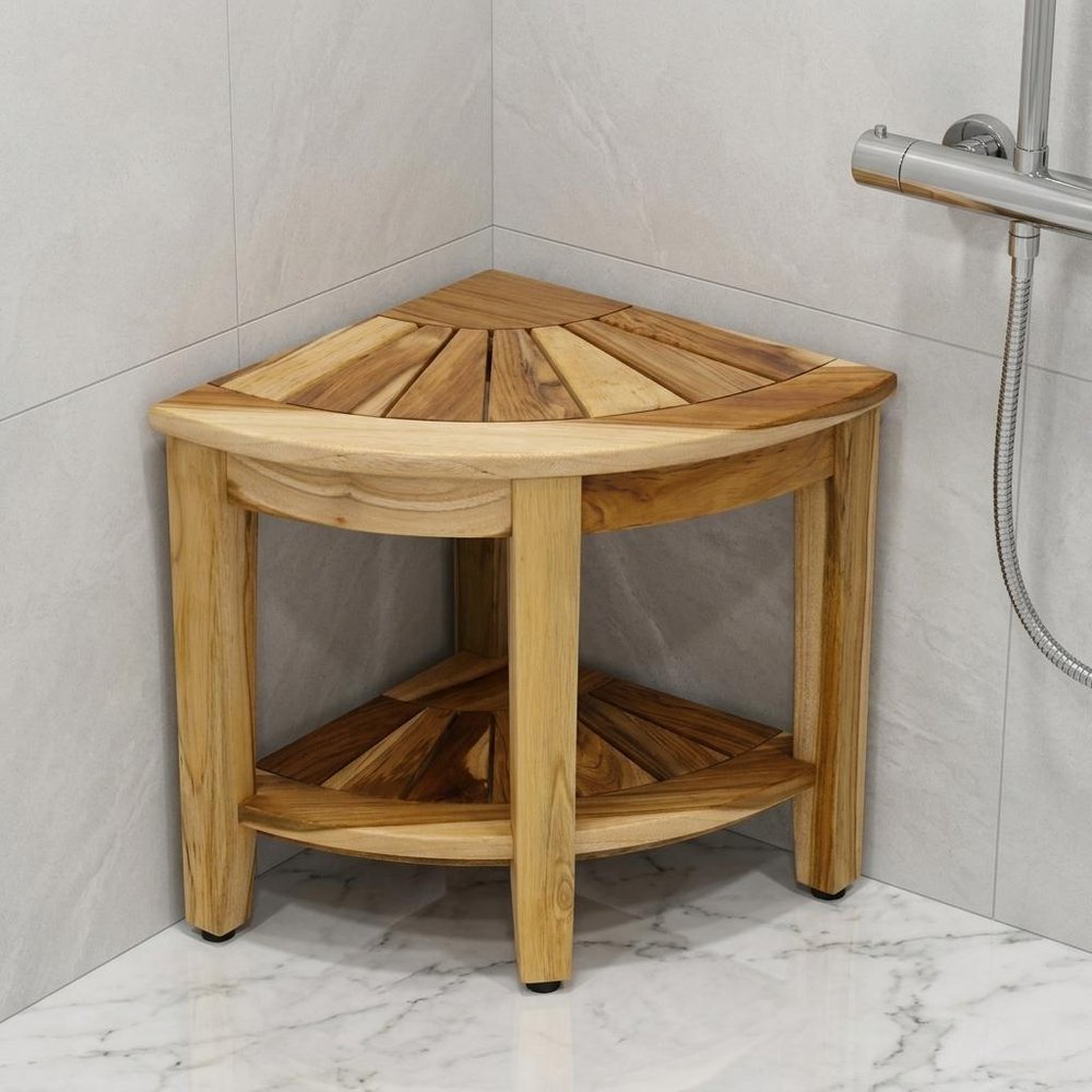 18" X 16" Brown Teak Corner Shower Bench With Shelf